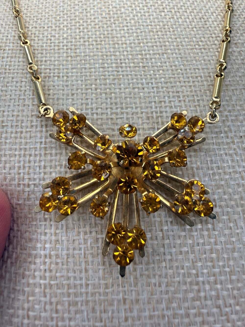 Coro Starburst Necklace 18 Inch Amber Rhinestone Gold